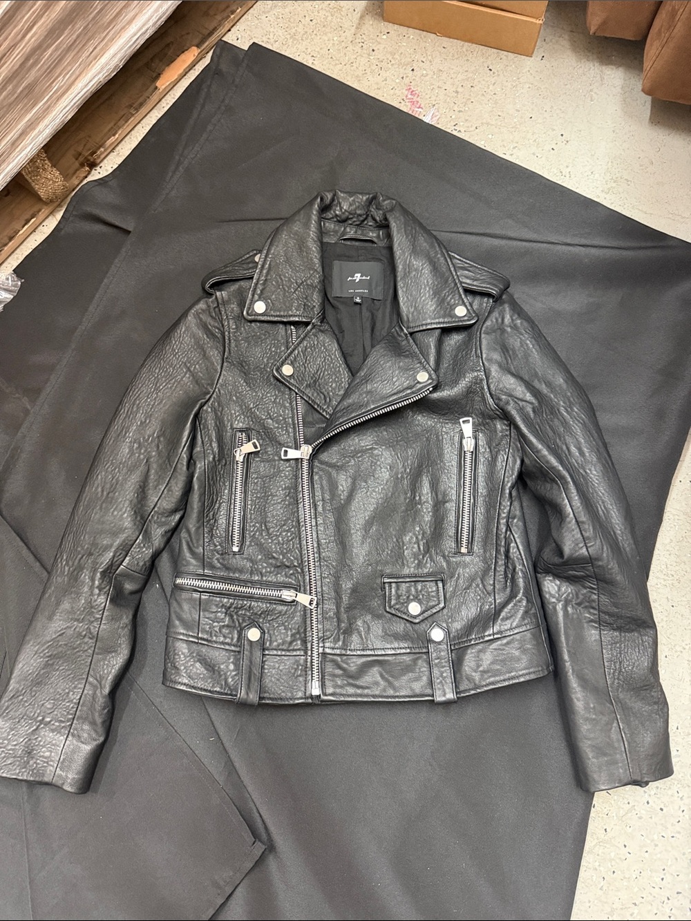 7 For All Mankind Black Genuine Leather Moto Biker Jacket Women’s S silver zippe